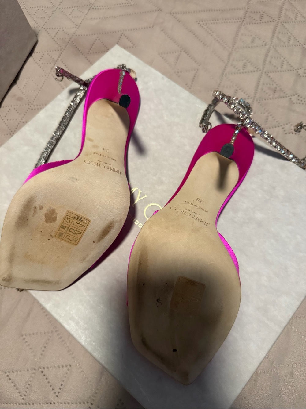 Jimmy Choo Hot Pink Satin Crystal-Strap Stiletto Sandals AUTHENTIC - Picture 4 of 5